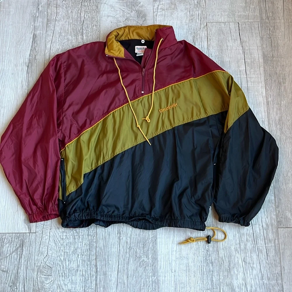 Vintage Reebok Sport Black Gold Maroon 1/4 Zip Pullover Jacket Windbreaker Men L